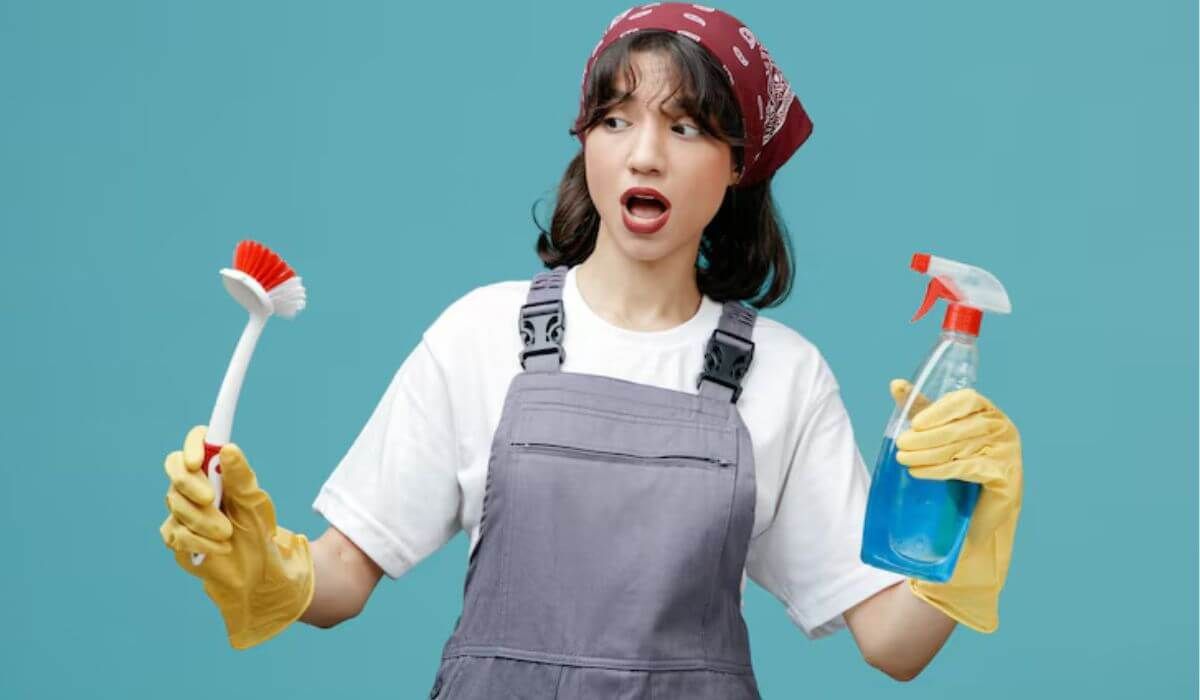 employee disinfecting workspace