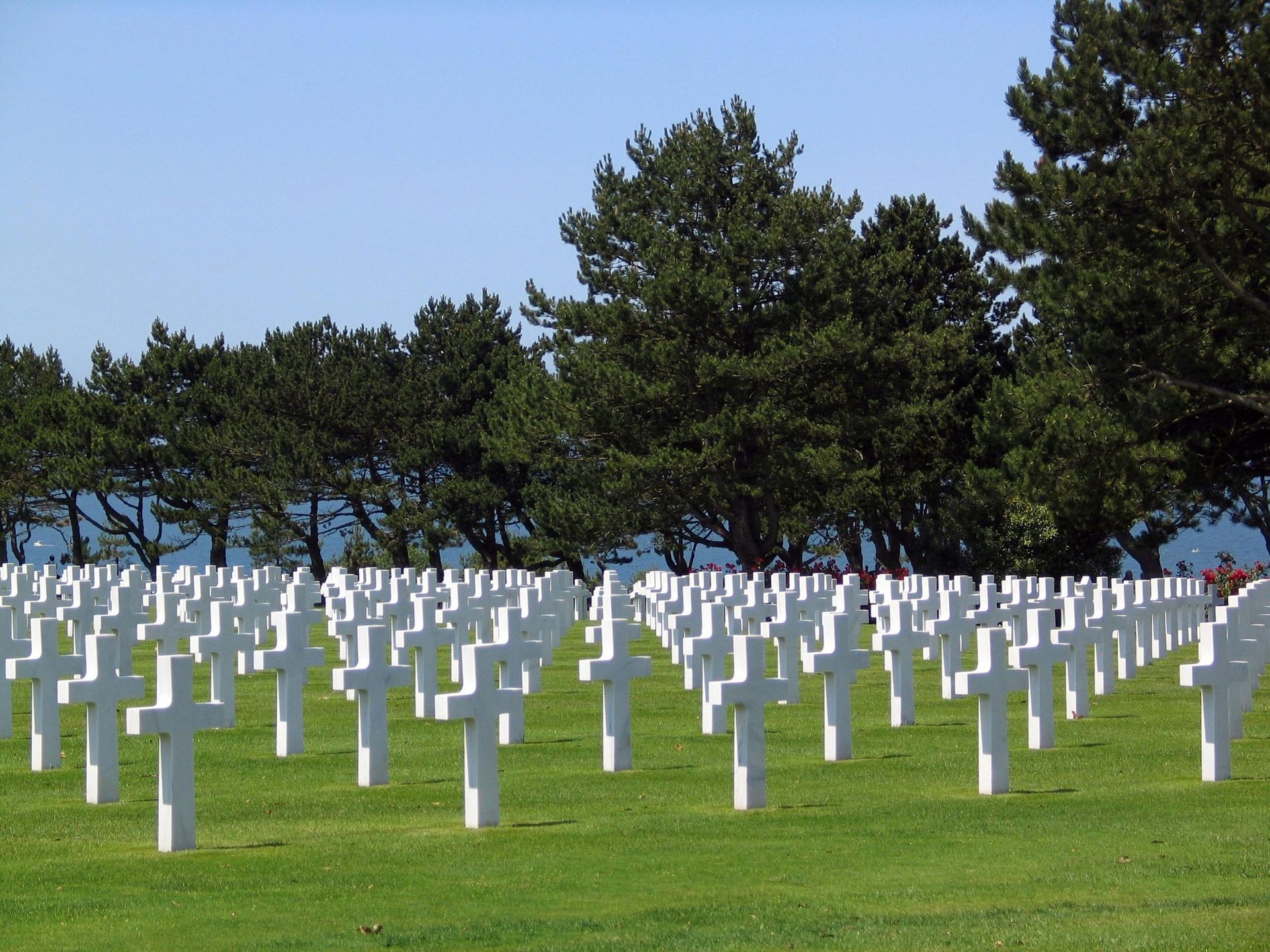 A cemetery with many white crosses in the grass