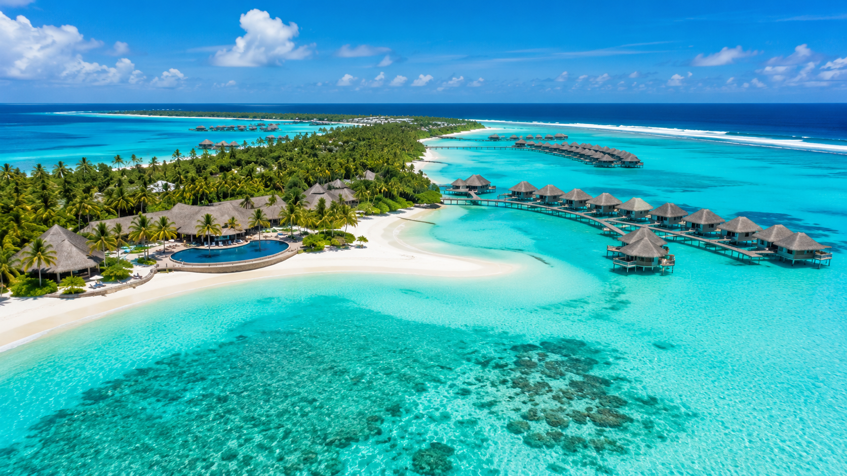 Aerial view of a Maldives resort island surrounded by a wide turquoise lagoon