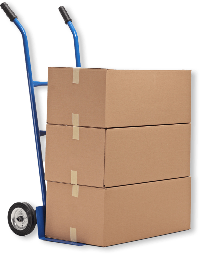 Three Cardboard Boxes Are Stacked on Top of Each Other on a Hand Truck — Buck Removals & Storage in Cowra, NSW
