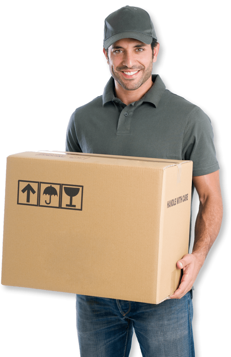 A Delivery Man is Holding a Cardboard Box With Arrows Pointing Up and Down — Buck Removals & Storage in Cowra, NSW