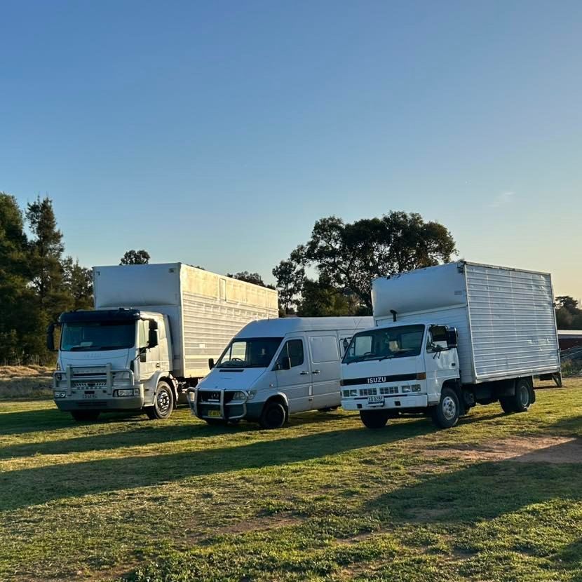 Three White Trucks Are Parked in a Grassy Field — Buck Removals & Storage in Young, NSW