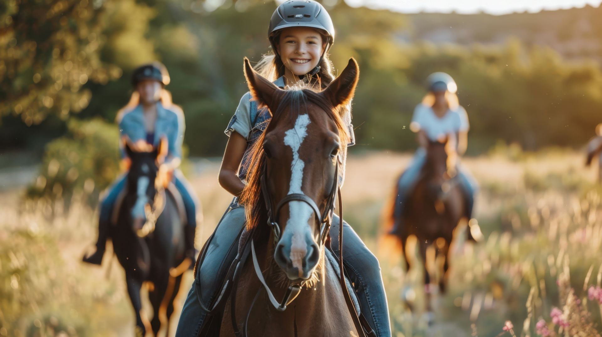 A group of people are riding horses in a field.