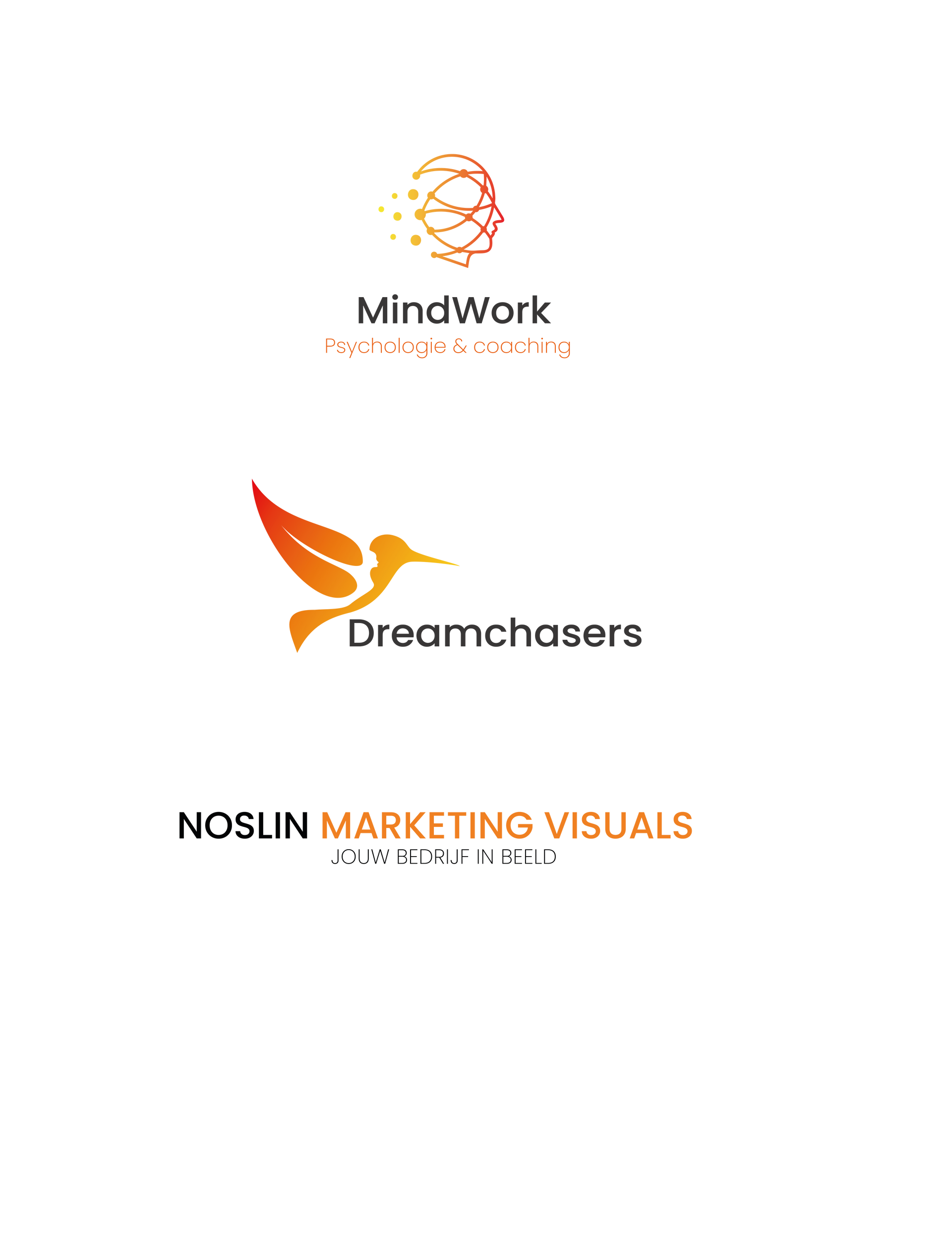 Logo's voor MindWork Photography, Dreamchasers en NOSUN Marketing Visuals, allemaal in oranje.