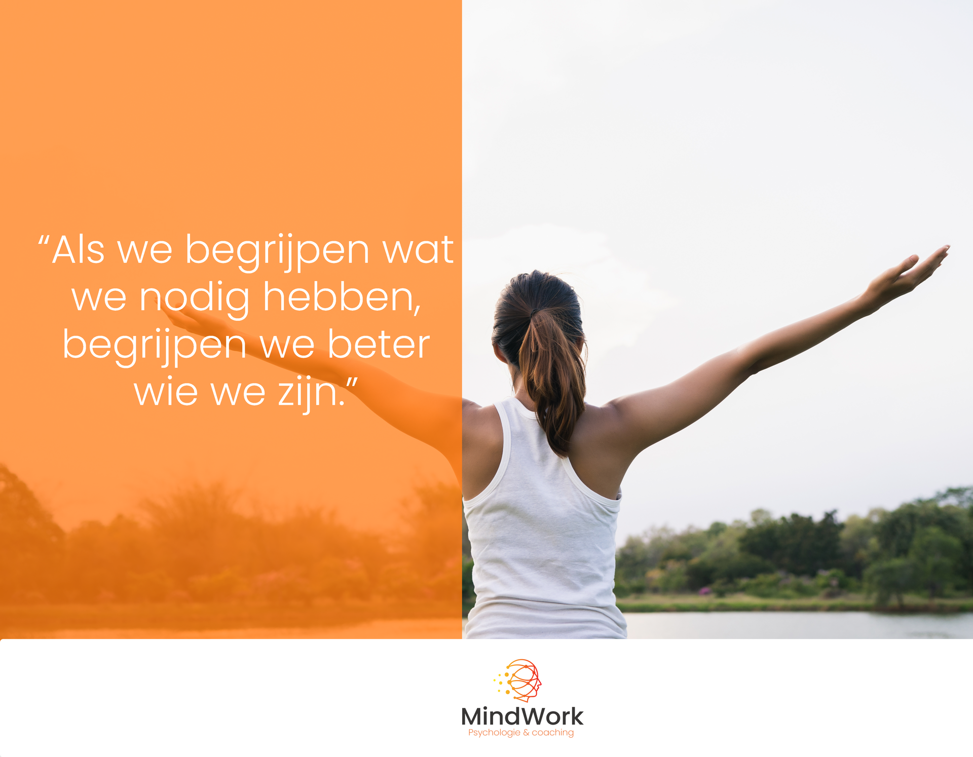 Vrouw met armen omhoog door het water, oranje tekstoverlay: 