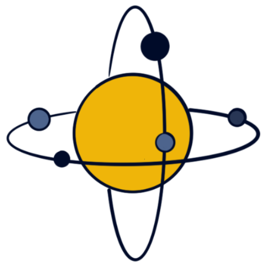 Eine Cartoon-Illustration eines gelben Kreises mit blauen Kreisen darum herum.