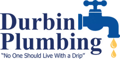 Durbin Plumbing logo with blue faucet and dripping water, tagline “No One Should Live With a Drip”