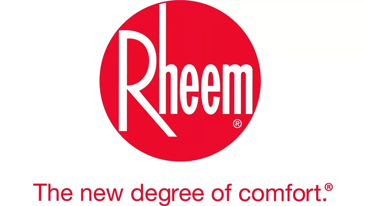Rheem logo in red with the tagline “The new degree of comfort.”