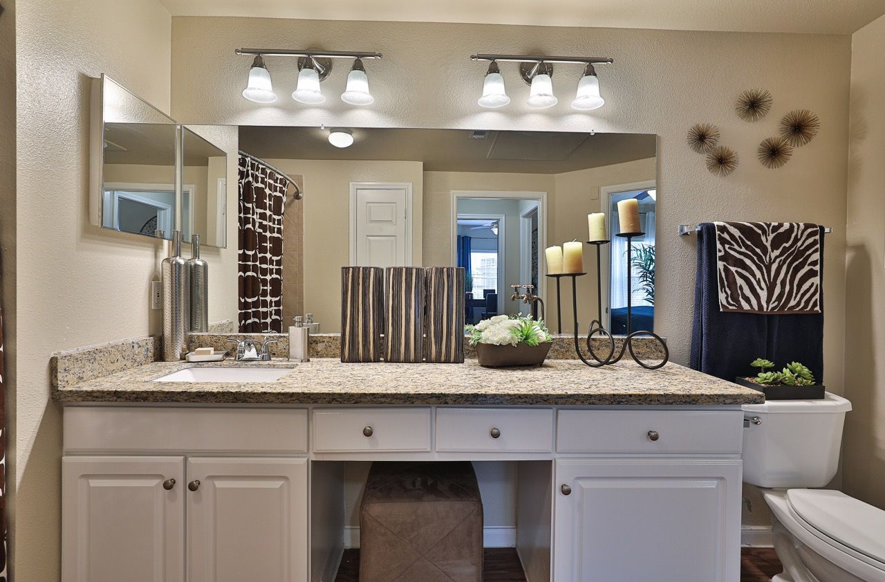 Bathroom vanity with granite countertop, sink, large mirror, and decorative accents.