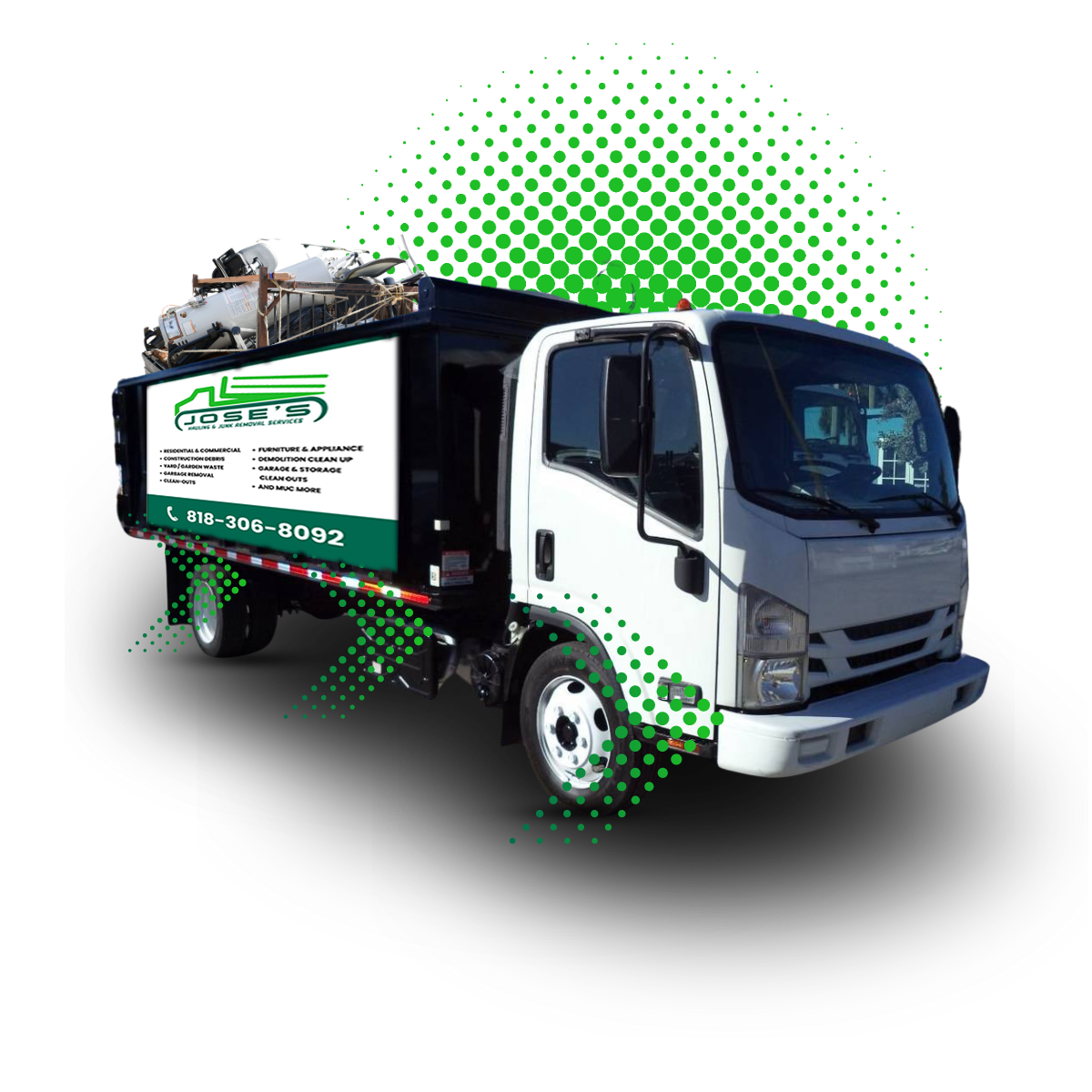 A garbage truck is sitting on a white surface with a green background.