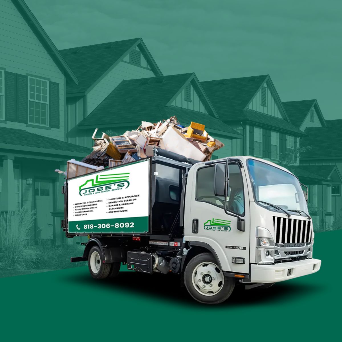 A garbage truck is parked in front of a house