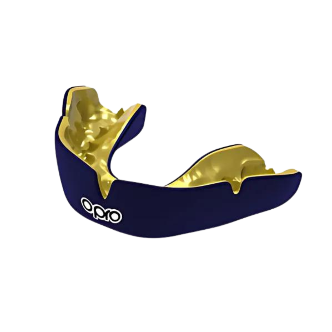 A blue and gold mouth guard on a white background.