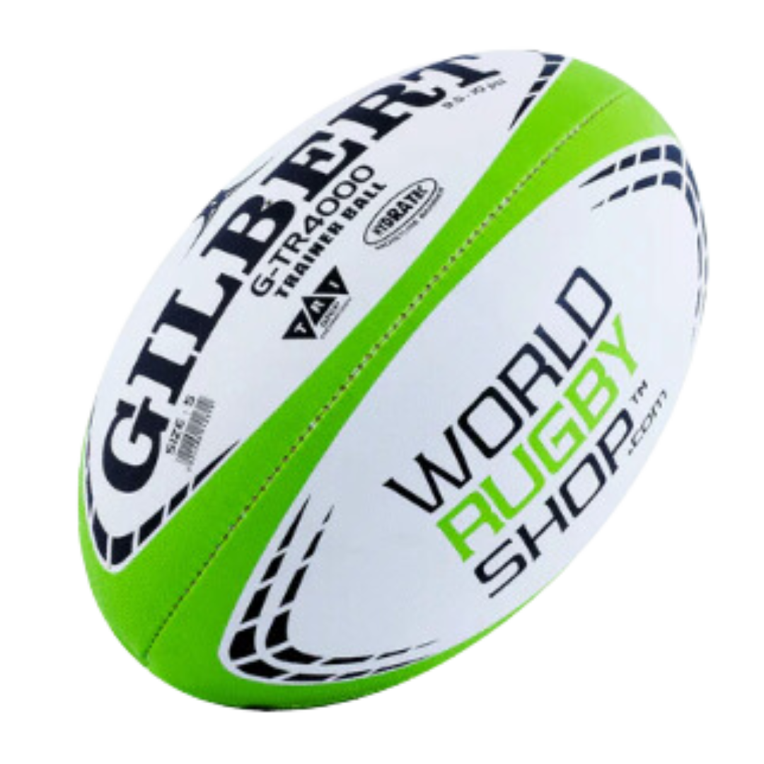 A green and white rugby ball from the world rugby shop