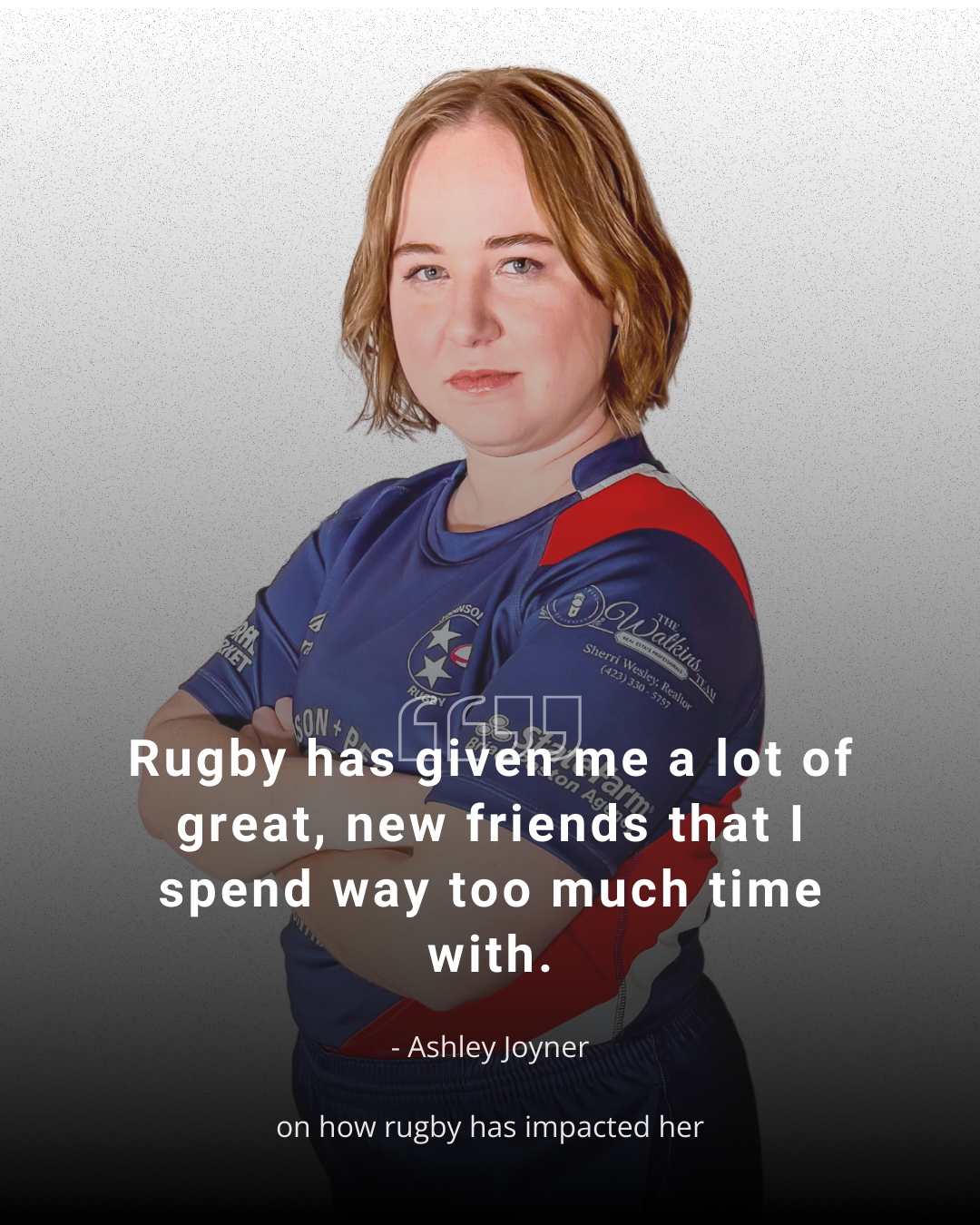 A woman in a blue shirt with a quote about rugby