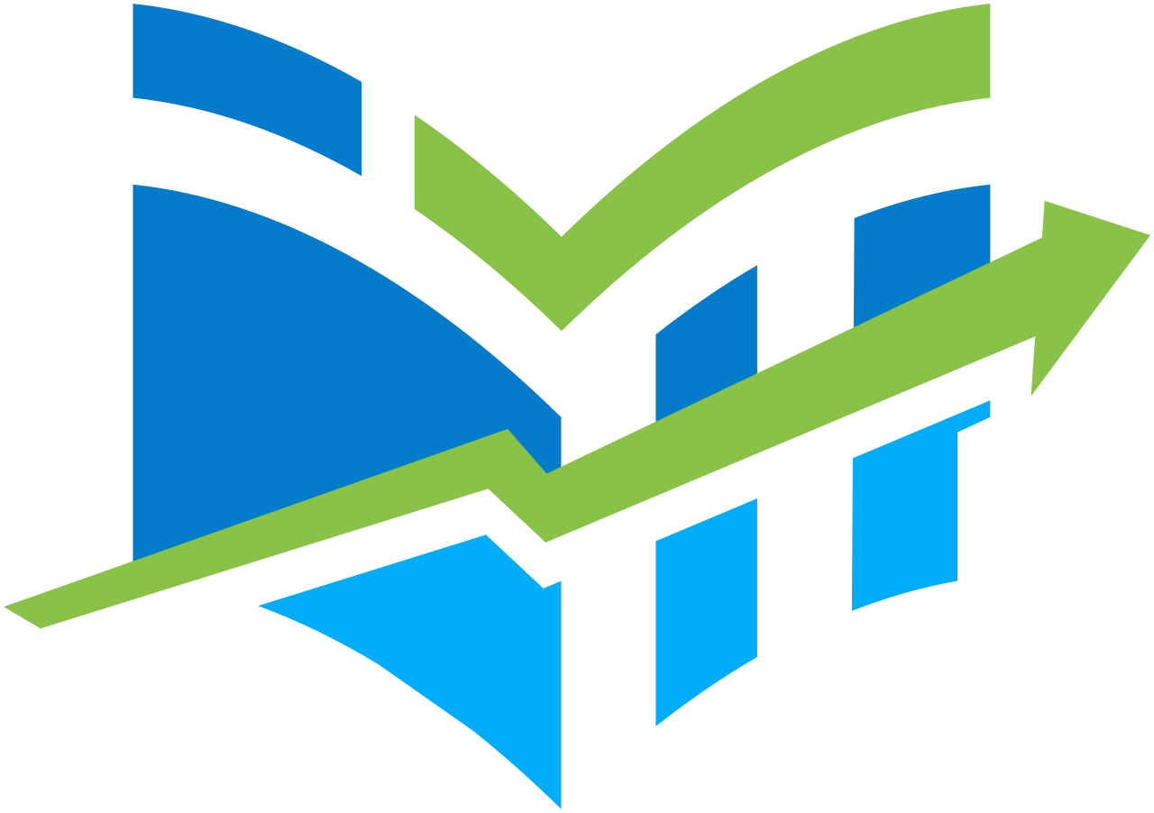 Blue and green logo with upward trending arrow, checkmark, and bars.