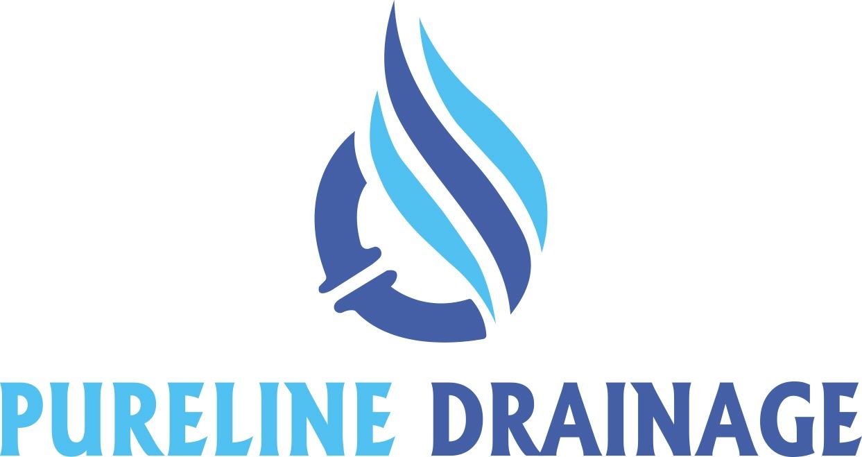 The logo for pureline drainage shows a drop of water in a circle.