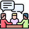 A group of people are sitting around a table with speech bubbles.