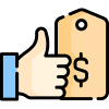 A hand is giving a thumbs up and holding a tag with a dollar sign on it.