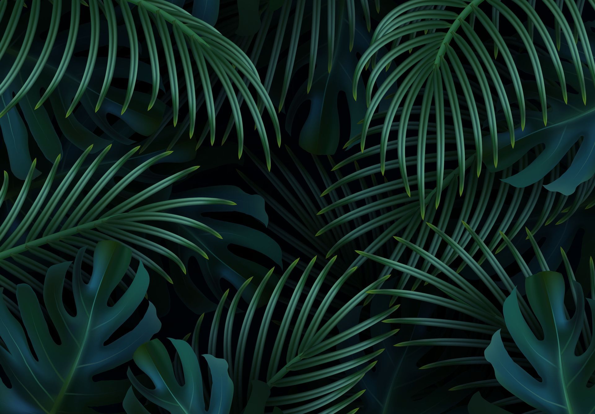 Le foglie tropicali verde scuro, tra cui quelle di monstera e felce, creano un motivo denso e stratificato.