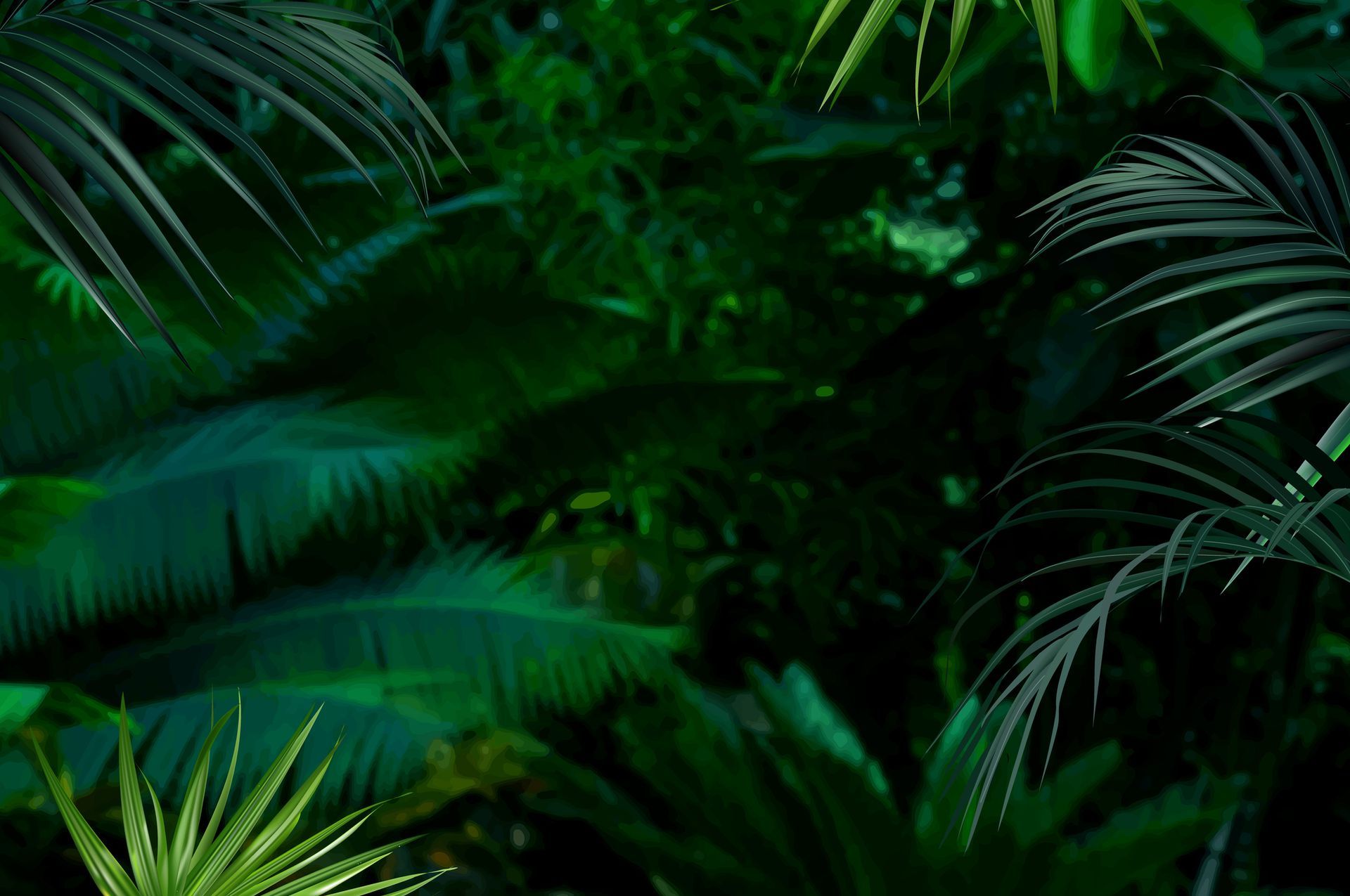 Lussureggiante fogliame verde della giungla, fronde di palma, foglie in diverse tonalità di verde, scuro e brillante.