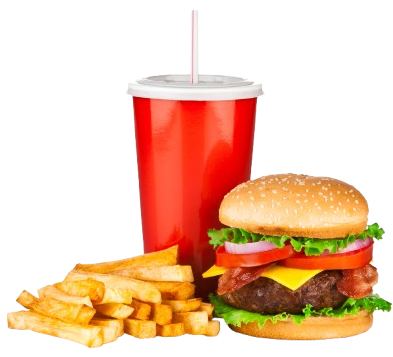 Hamburger, patatine fritte e una bibita rossa con cannuccia.