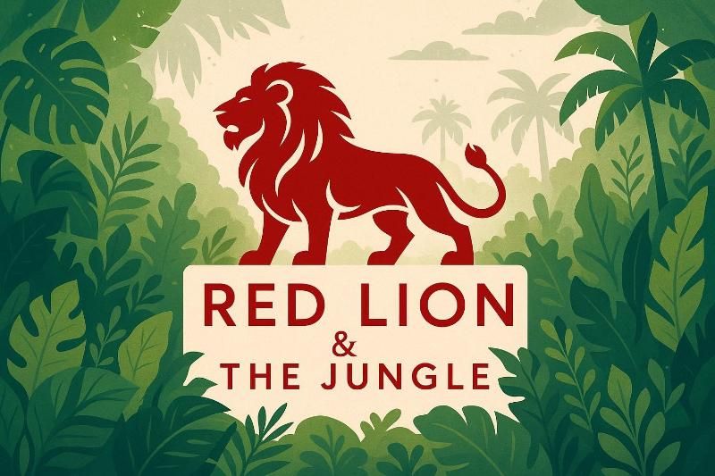 Logo del leone rosso sopra una scena nella giungla, con le parole 