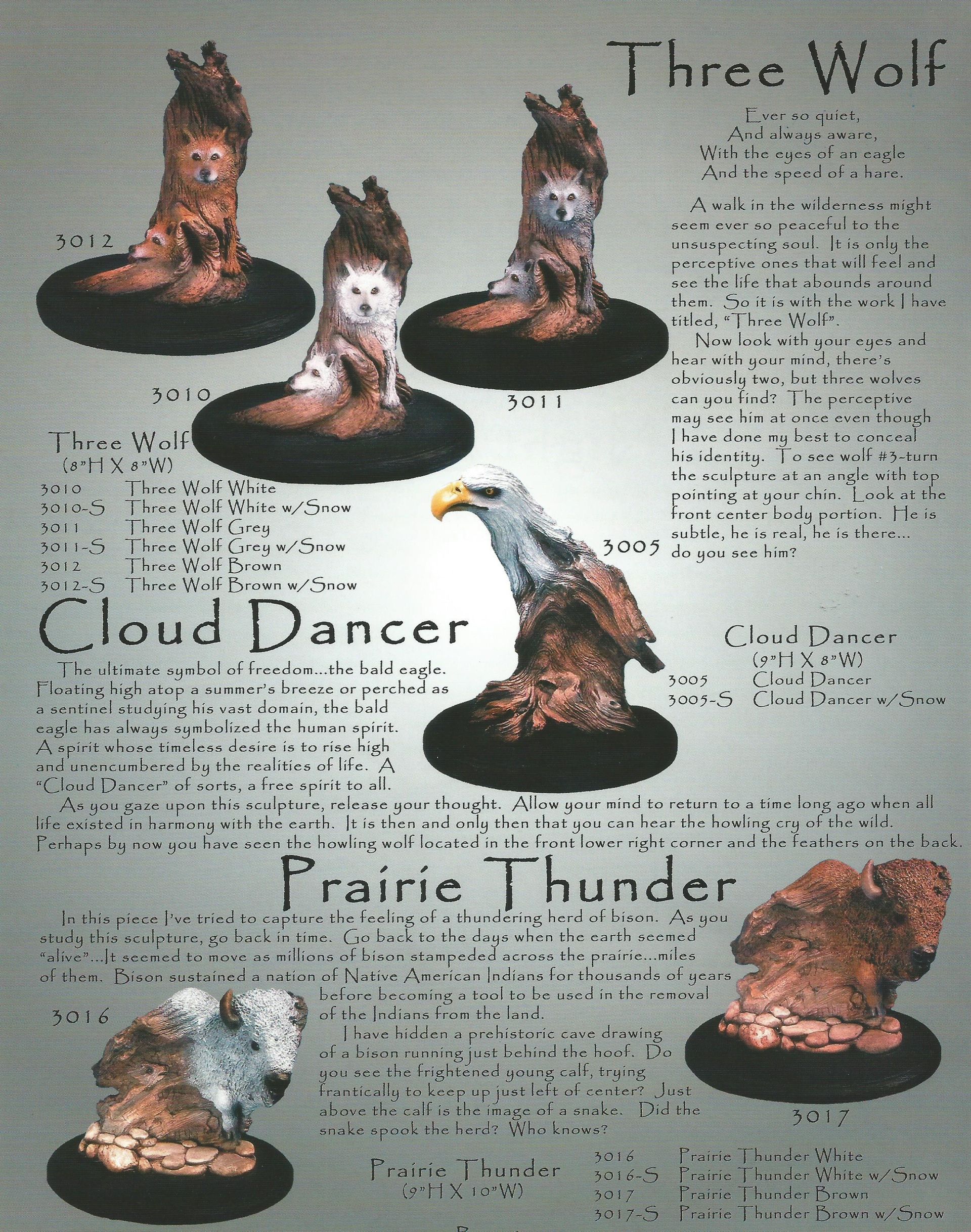three wolf, cloud dancer, and prairie thunder sculptures