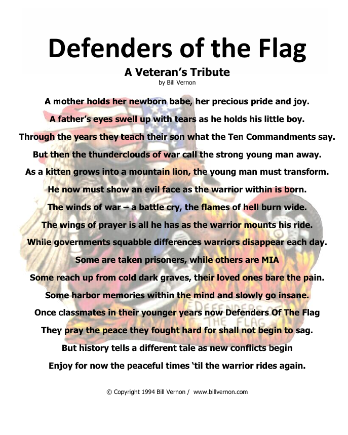 Defenders of the Flag poem by Bill Vernon with Defenders Sculpture background