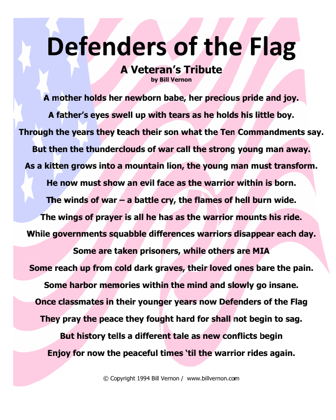 Defenders of the Flag poem by Bill Vernon with flag background