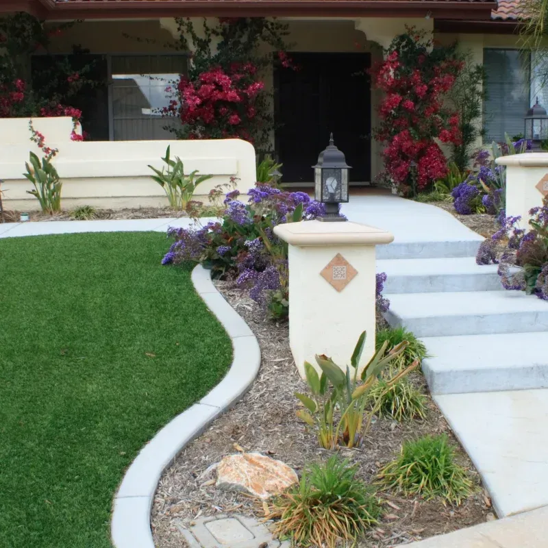 House exterior with a walkway, steps, lush landscaping, and a black front door.