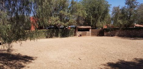 A dirt field with trees in the background and a house in the background.