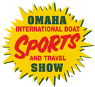 Omaha International Boat, Sports and Travel Show logo in red and green on a yellow burst background.