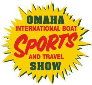 Omaha International Boat, Sports and Travel Show logo in red and green on a yellow burst background.
