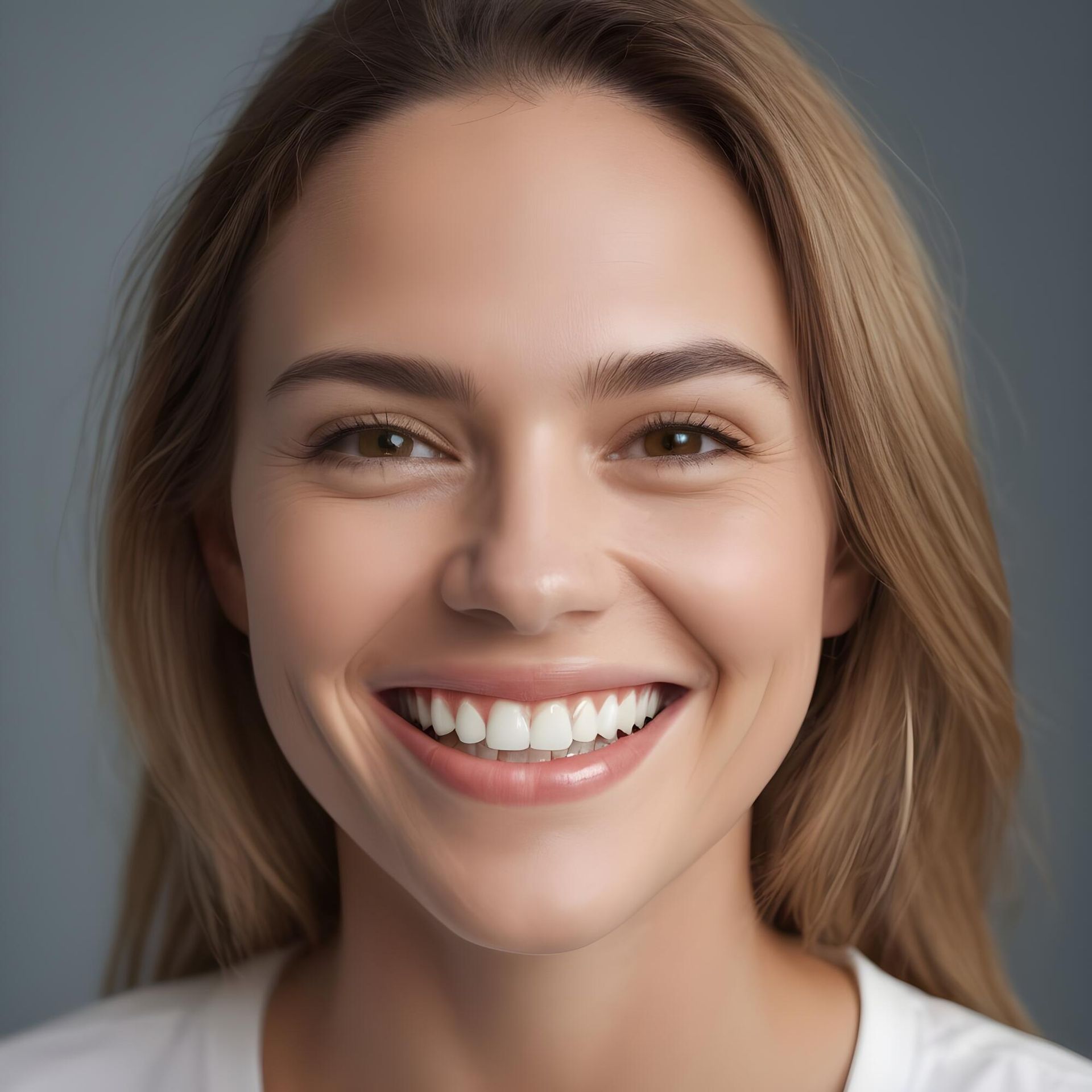 Smiling woman with blonde hair, wearing white shirt, against a gray backdrop.