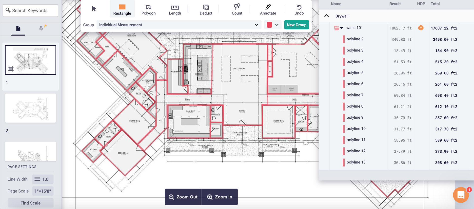 A floor plan marked with red lines, open on a digital platform, with a list of items displayed on the side.