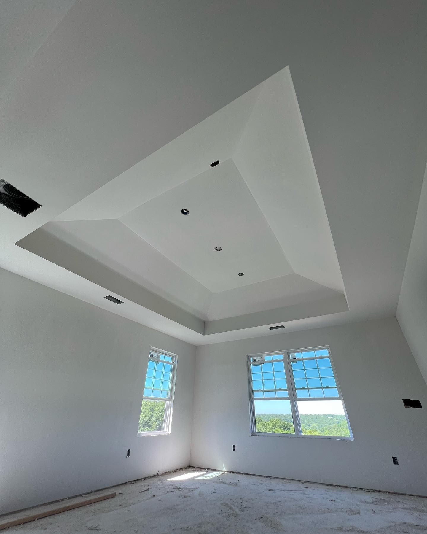 Interior view of a room with a tray ceiling and windows; walls are white.