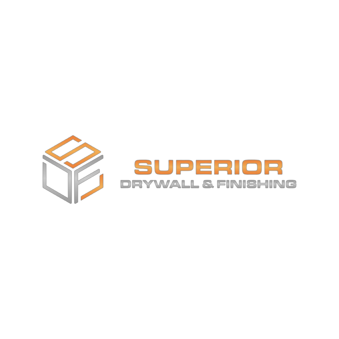 Logo for Superior Drywall & Finishing, with a geometric cube icon and text in orange and grey.