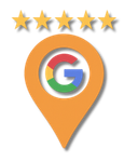 An orange pin with a google logo and five stars