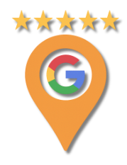 An orange pin with a google logo and five stars