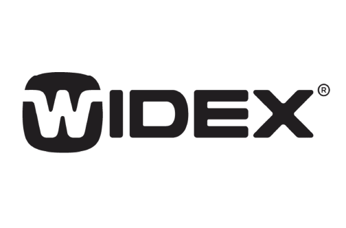 A black and white logo for widex on a white background.