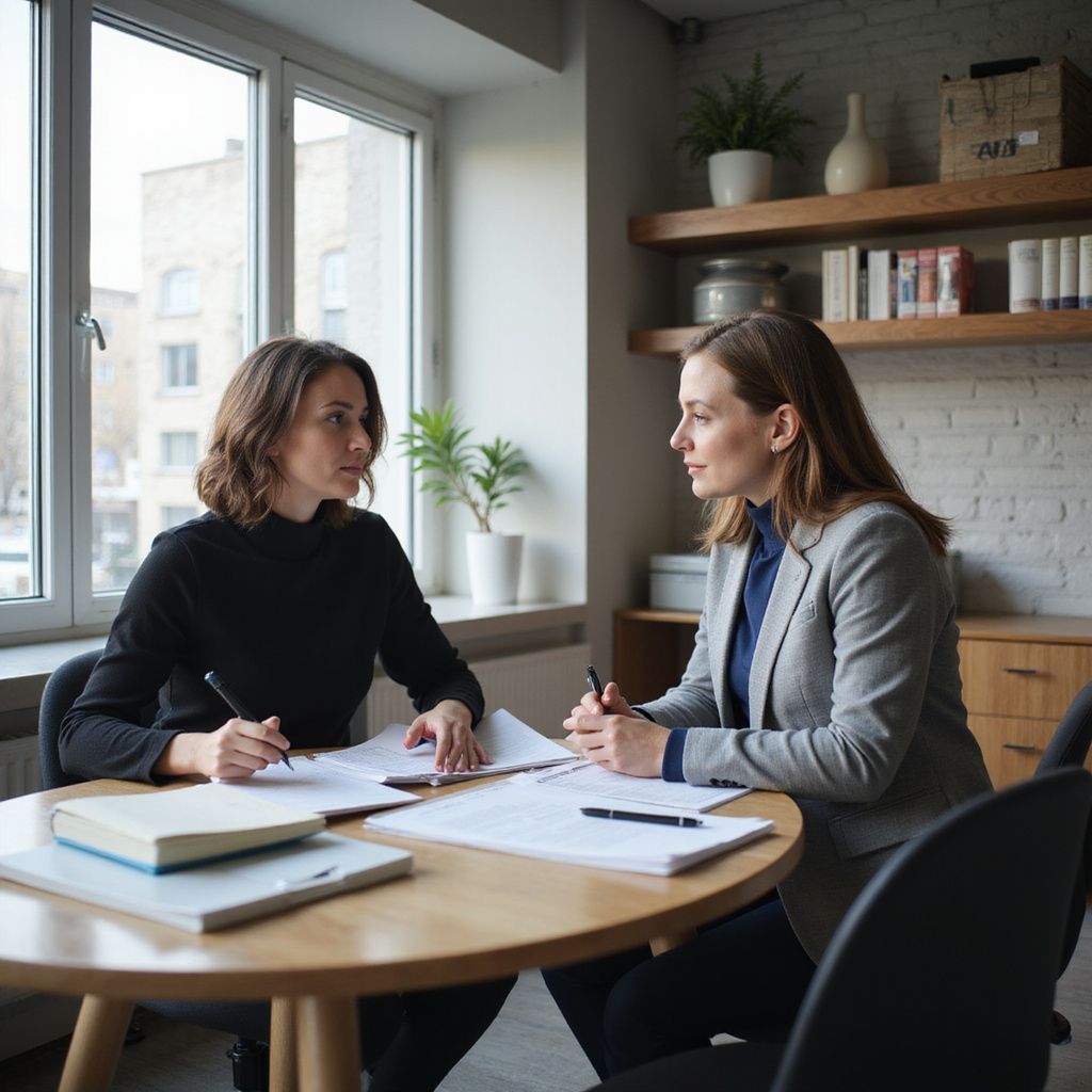 Two people seated at a round table, discussing documents in a bright office setting.