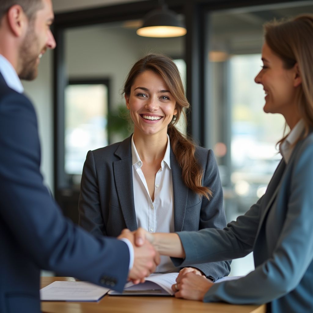 Two people shaking hands at a table, smiling. Woman in center watches. Modern office setting.