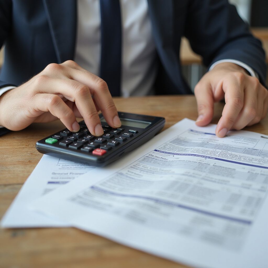 Person in suit using a calculator, looking at documents on a wooden desk.