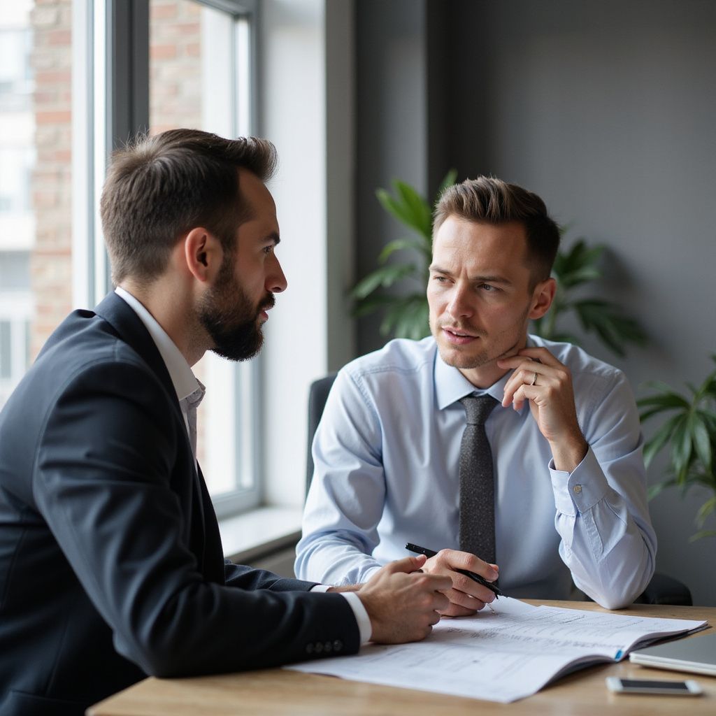 Two men in suits at a desk, one speaking, the other listening and touching chin, indoors.