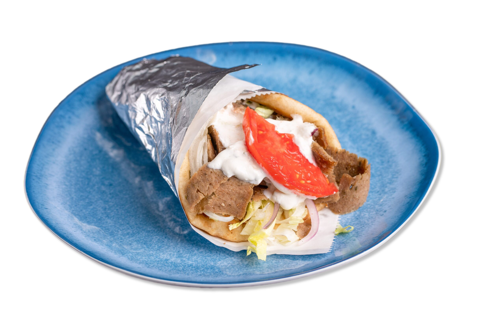 A gyro on a blue plate with a tomato on top