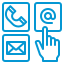 A hand is pointing at a phone , email , and address icon.