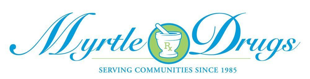 A logo for myrtle drugs serving communities since 1985