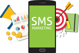 A cell phone with a green screen that says sms marketing
