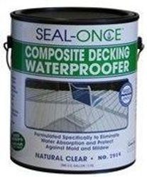 A can of seal-once composite decking waterproofer is sitting on a white surface.