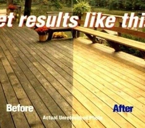 A before and after photo of a wooden deck